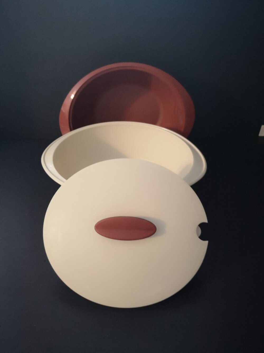 New Tupperware Oval Insulated Server 3 Piece Set + Serving Spoon Rust & Beige